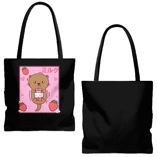 Kawaii Sea Otter Strawberry Milk Shake Otaku Tote Bags (AOP)