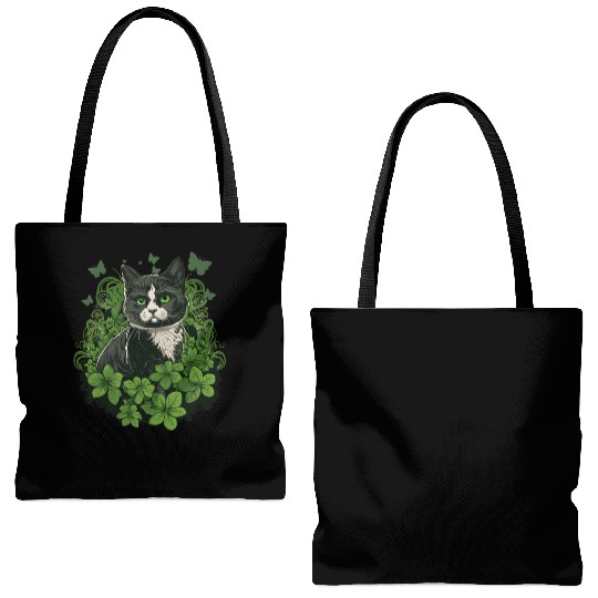 Black and white cat with ivy and butterflies Tote Bags (AOP)