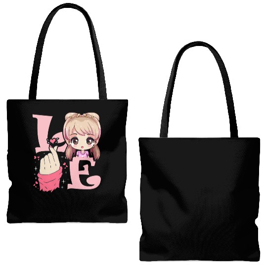 Love Saranghae Finger Heart Korean Anime Chibi Kpo Tote Bags (AOP)