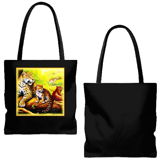 Jaguar Mom and Cubs Relaxing in Jungle. Buy Now Tote Bags (AOP)