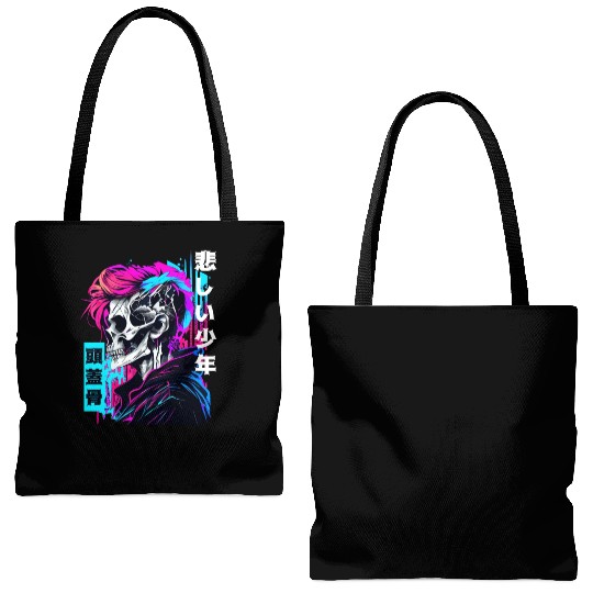 Retro Edgy Skull Sad Anime Boy Japanese Vaporwave Tote Bags (AOP)