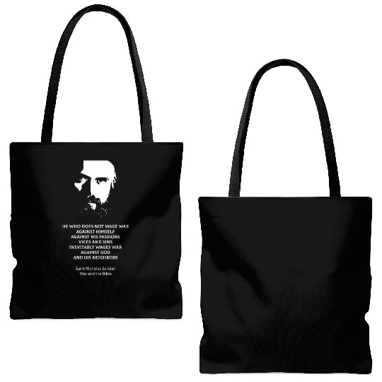 Saint Nicholas Serbian on the metaphysics of war Tote Bags (AOP)