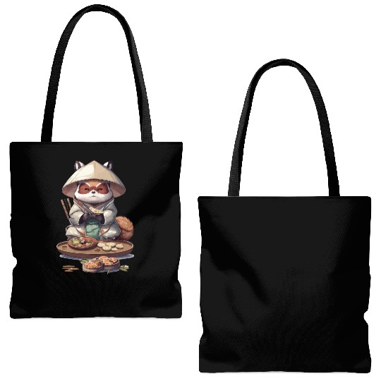 Tanuki Warrior Eat Sushi Tote Bags (AOP)