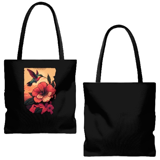 Hummingbird flies over hibiscus flower Tropical Tote Bags (AOP)