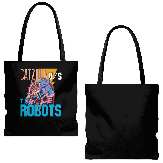 Catzilla Versus Robot Tote Bags (AOP)