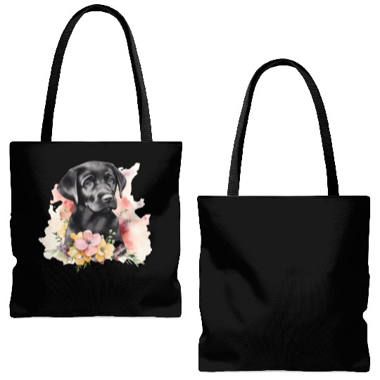 Black Lab Dog Watercolor Floral Tote Bags (AOP)