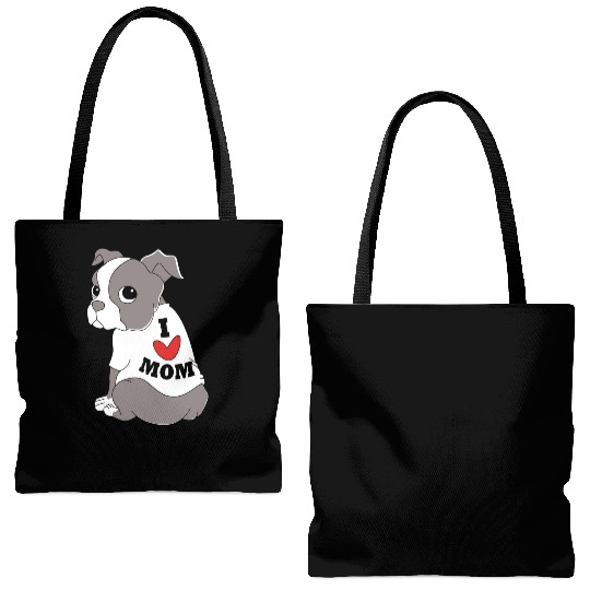 I Love Mom Dog Puppy Boston Terrier Mama Tote Bags (AOP)