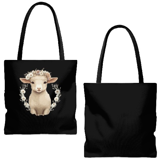 Cute Lamb Flower Crown Sheep Baby Floral Farm Anim Tote Bags (AOP)