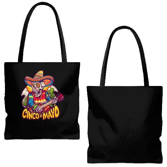 Mexican Skeleton Playing Guitar Cinco De Mayo Tote Bags (AOP)
