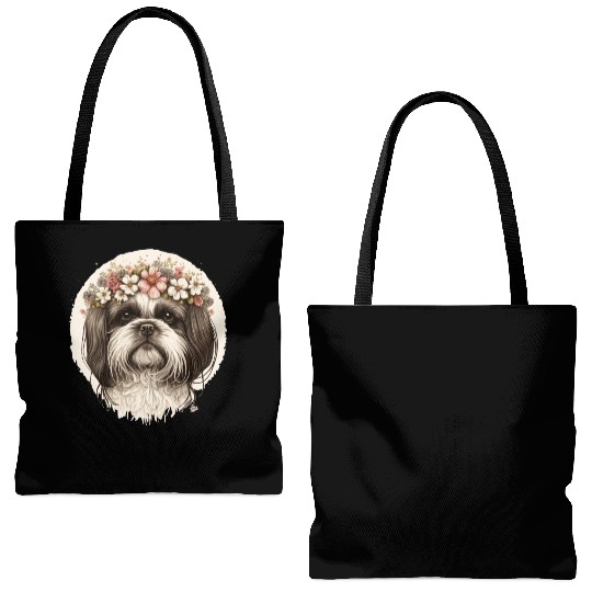 Cute Shih Tzu Flower Crown Pet Dog Breed Floral Pu Tote Bags (AOP)
