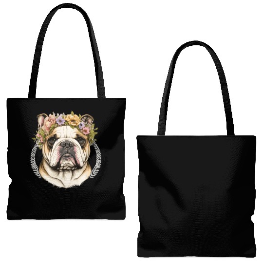 Cute Bulldog Flower Crown Pet Dog Floral Puppy Tote Bags (AOP)