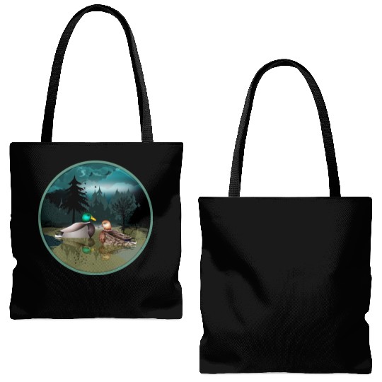 Duck couple in the duck pond at night & moonlight Tote Bags (AOP)
