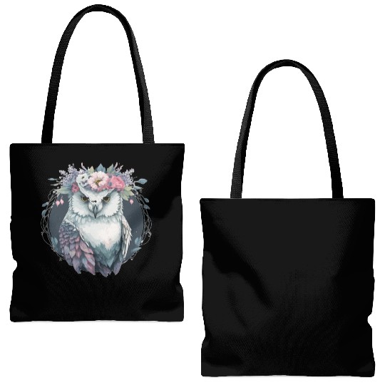 Cute Snow Owl Bird Flower Crown Floral Birds Tote Bags (AOP)