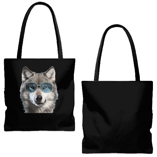 Grey Wolf Wearing Blue Sunglasses Wildlife Animal Tote Bags (AOP)