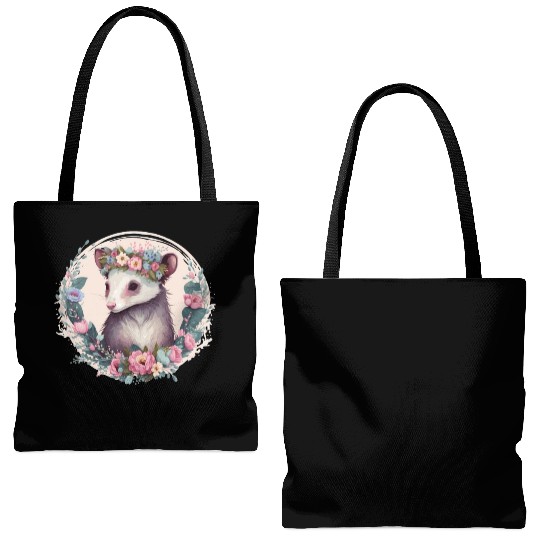 Cute Possum Flower Crown Floral Watercolor Tote Bags (AOP)