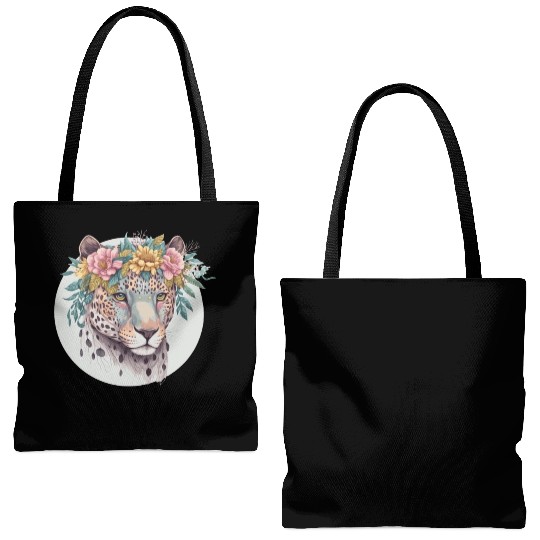 Floral Jaguar Flower Crown Watercolor Animal Tote Bags (AOP)