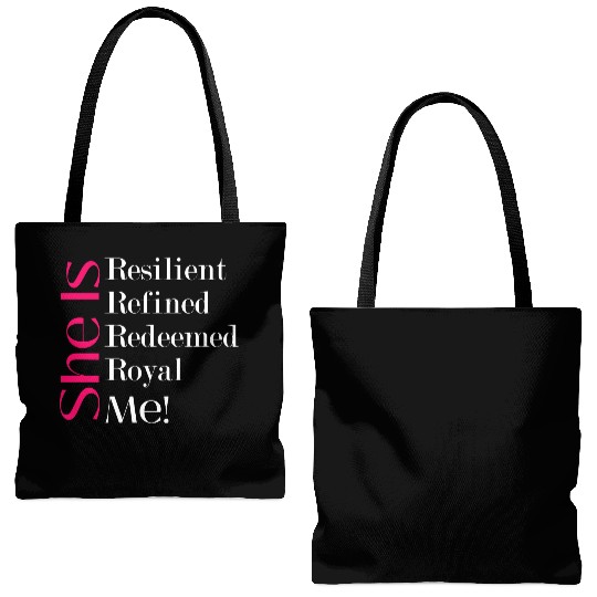 She Is Resilient Refined Redeemed Royal Me! Tote Bags (AOP)
