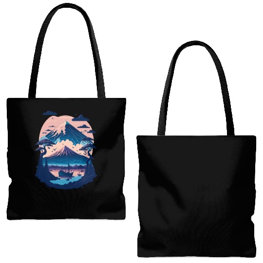 Serene Mount Fuji Sunset Peaceful River Scenery Tote Bags (AOP)