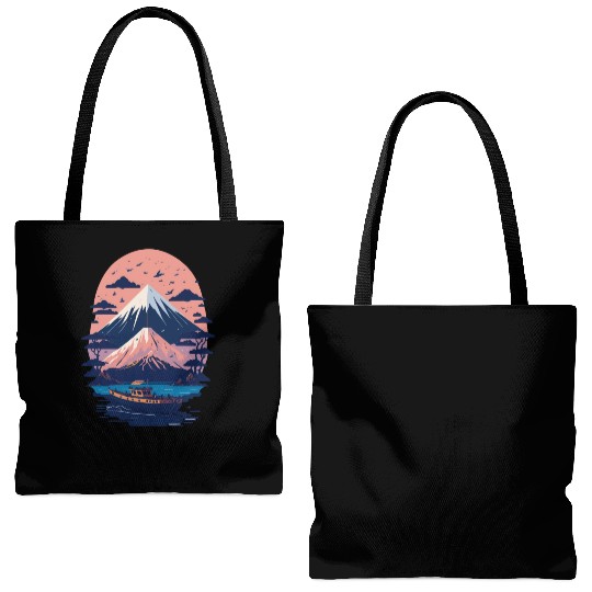 Serene Mount Fuji Sunset Peaceful River Scenery Tote Bags (AOP)