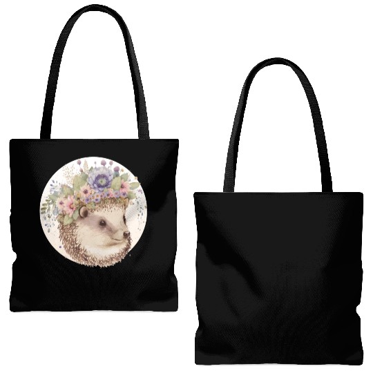 Cute Watercolor Hedgehog Flower Crown Animal Lover Tote Bags (AOP)