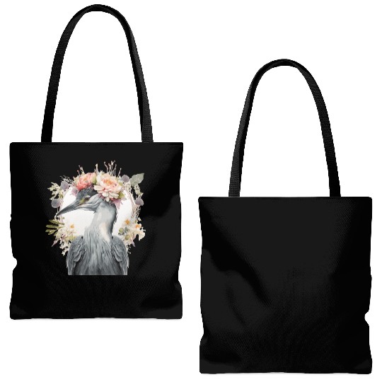 Watercolor Heron Freshwater Bird Flower Crown Flor Tote Bags (AOP)