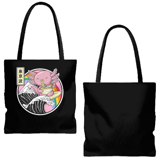 Axolotl Eating Ramen Kanagawa Wave Kawaii Japan Va Tote Bags (AOP)