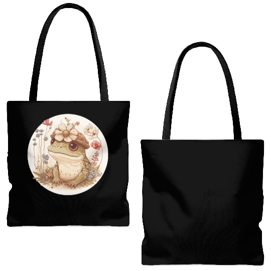 Cottagecore Cute Frog Toad Flower Crown Dark Acade Tote Bags (AOP)
