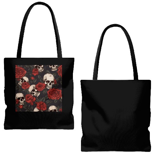 Skulls & Red Roses Dark Gothic Elegant Pattern Tote Bags (AOP)