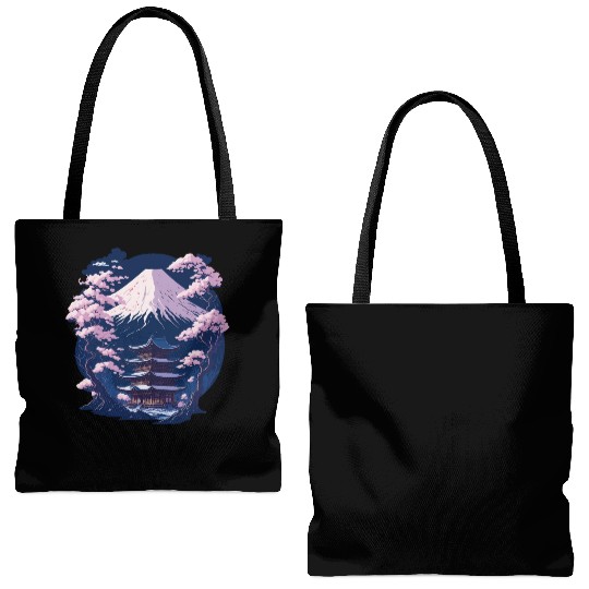 Mount Fuji and a Temple With Cherry Blossoms Tote Bags (AOP)