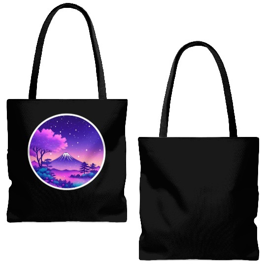 Japan Mount Fuji Night Sky Lo-Fi Art Retro Purple Tote Bags (AOP)