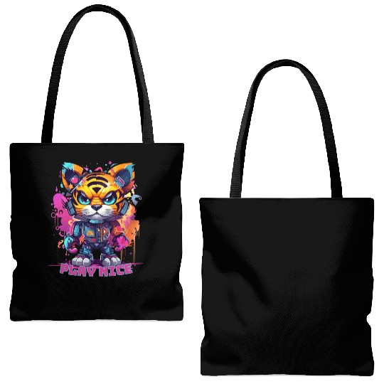 Play Nice Tote Bags (AOP): Robot Tiger Synthwave Graffiti Kids