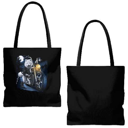 Wolf Riding Chopper Motorcycle In Full Moon Tote Bags (AOP)