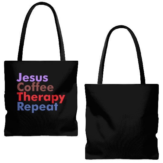 Jesus Coffee Therapy Repeat Christian Tote Bags (AOP)