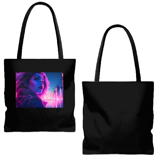 Synthwave girl in front of a neon light city Tote Bags (AOP)