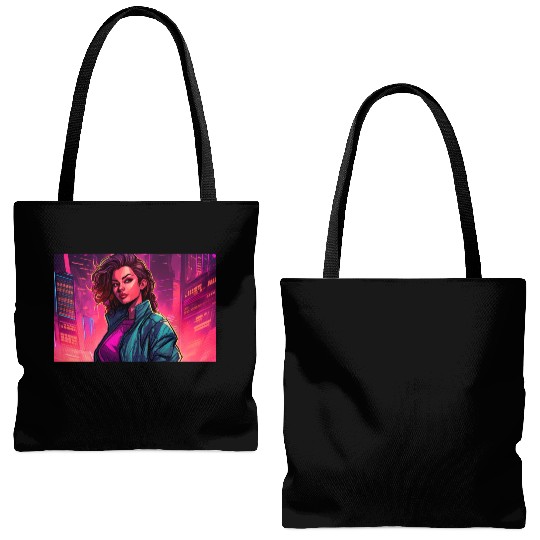 Girl in front of a Neon Pink Cityscape Tote Bags (AOP)