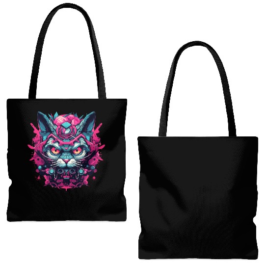 A funny cat mascot design in cyberpunk style Tote Bags (AOP)
