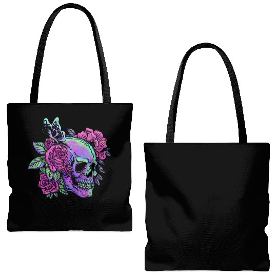 Skeleton Tote Bags (AOP), Neon Skull Roses Gothic Skeleton