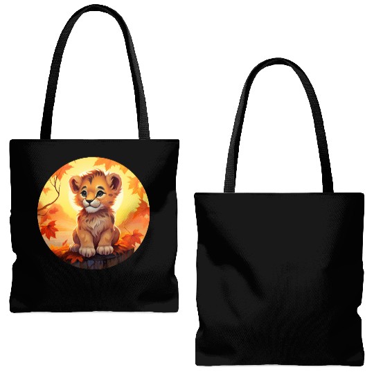 Lion Cub in Autumn Leaves - Romantic Sunset Design Tote Bags (AOP)