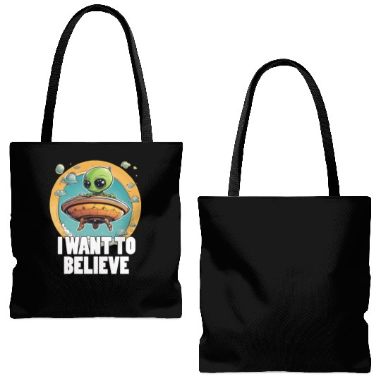 I WANT TO BELIEVE cute alien in spaceship Tote Bags (AOP)