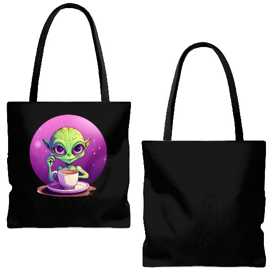 midnight Coffee: The Green Alien Drinker Tote Bags (AOP)