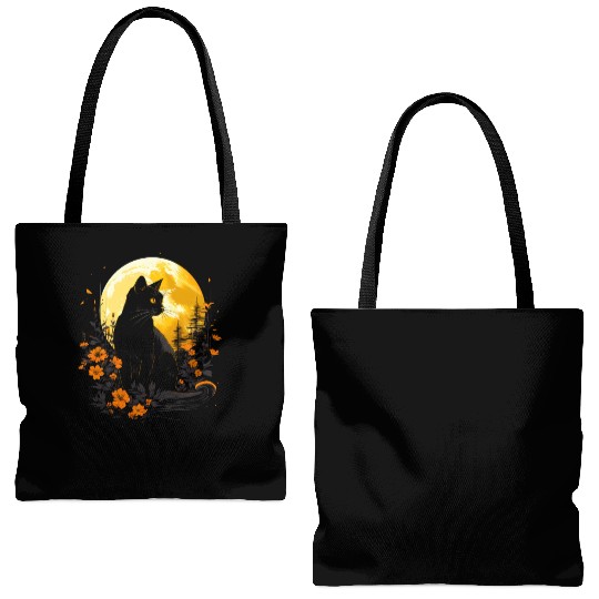 Black cat under the moon and Wild flowers Tote Bags (AOP)