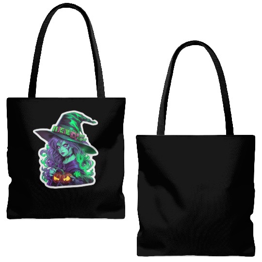 Wicked Witch Halloween Sticker, neon color Tote Bags (AOP)