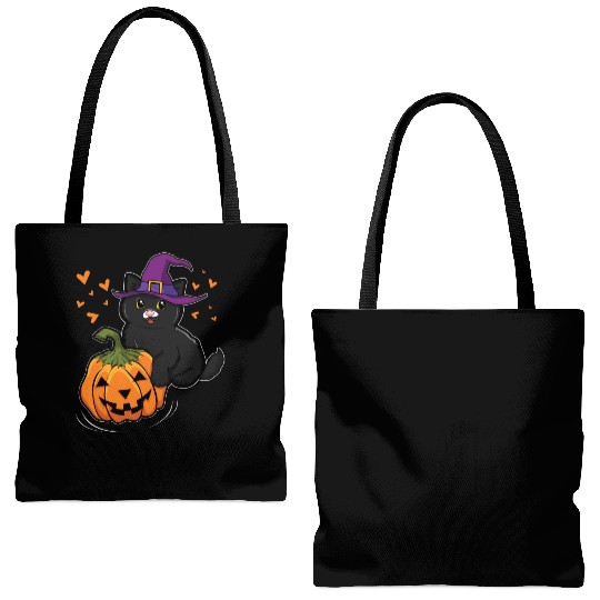 Witch Cat In Pumpkin Cool Creepy Halloween Tote Bags (AOP)