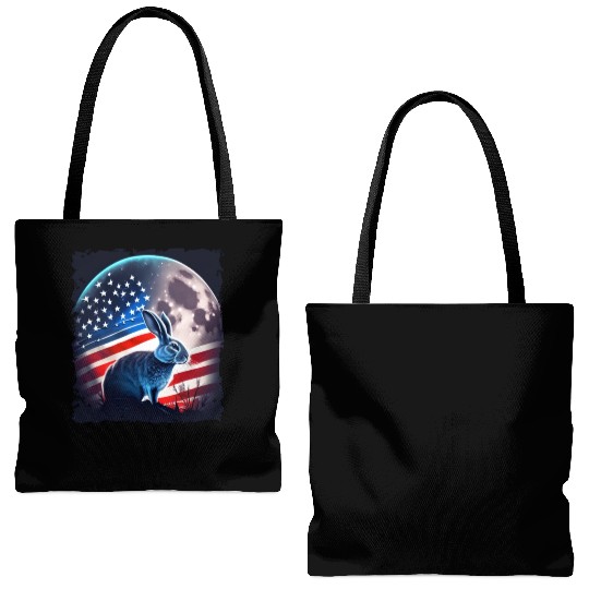 America rabbit under Moon with American Flag Tote Bags (AOP)