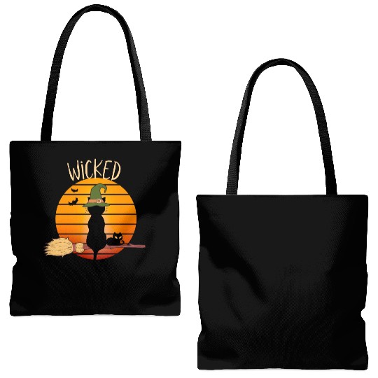 Wicked Cat Witch Funny Halloween Witch Tote Bags (AOP)