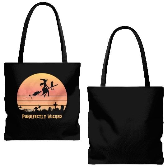 Wicked Cat Witch Funny Halloween Witch Tote Bags (AOP)