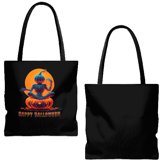 Creepy Meditating Skeleton Happy Halloween Pumpkin Tote Bags (AOP)