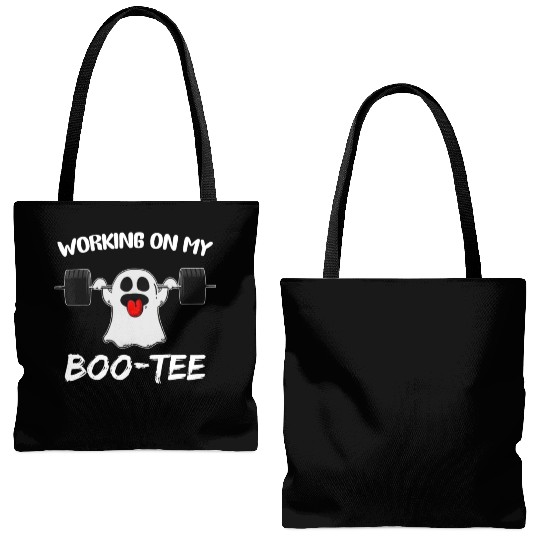 Working On My Boo Tote Bags (AOP) Ghost Workout Gym Halloween