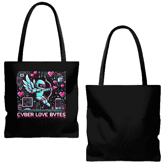 Cyber Love Bytes 8bit Cupid Robot and Neon Hearts Tote Bags (AOP)