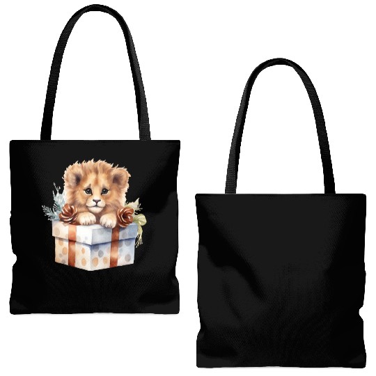 African Lion inside a Christmas gift box Tote Bags (AOP)